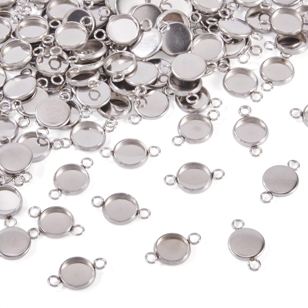 5151 100Pcs 8mm Stainless Steel Bezel Tray Pendant Connectors Blank Cameo